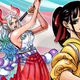 Colored manga images of Yamato and Kiku stand in front of a waving trans flag.